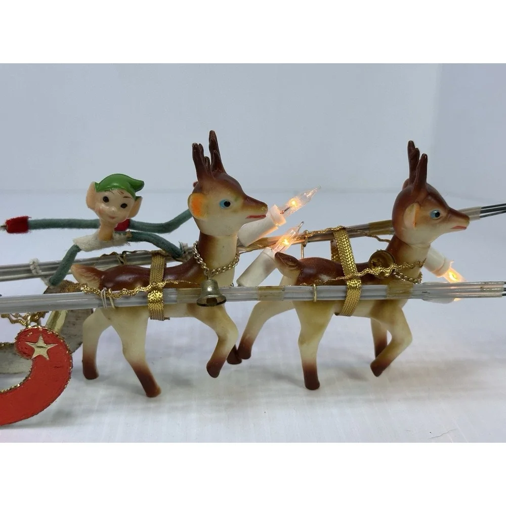 Vintage Christmas Santa Clause Pixie Elves Reindeers Sleigh Electric 1960s